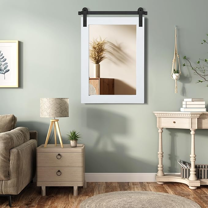 COGOOD Farmhouse Barn Door Mirror - 25 x 38 Rustic Bathroom Mirror for Living Room, Entryway, Vanity Wall Decor (Pure White)