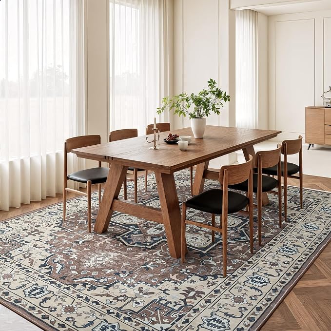 Rugflix 8x10 Area Rugs for Living Room, Washable Rug, Soft Low Pile Carpet, Non-Slip, Stain Resistant, Vintage Area Rug, Brown Beige Rug for Bedroom, Dining Room, Home Office