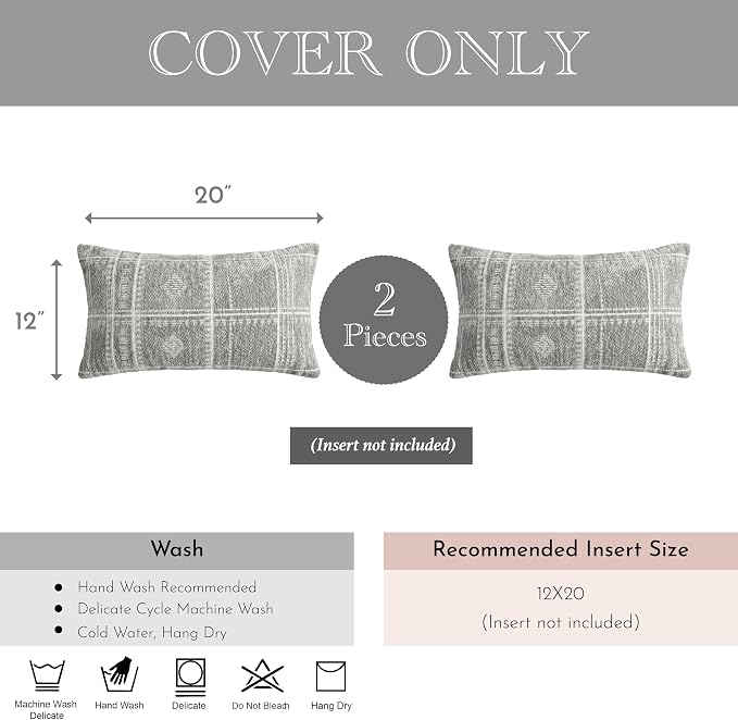 BlissBlush Decorative Lumbar Pillow Covers 12x20 Set of 2, Boho Light Gray Chenille Accent Rectangular Throw Pillow Covers for Couch Sofa Living Room Home Décor (Cover Only)