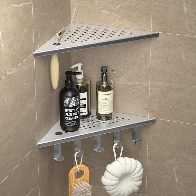 Grout in Shower Shelves with Hooks, 304 Stainless Steel Corner Bathroom Shelf for Tiled Wall (Brushed, 10'' x 10'')