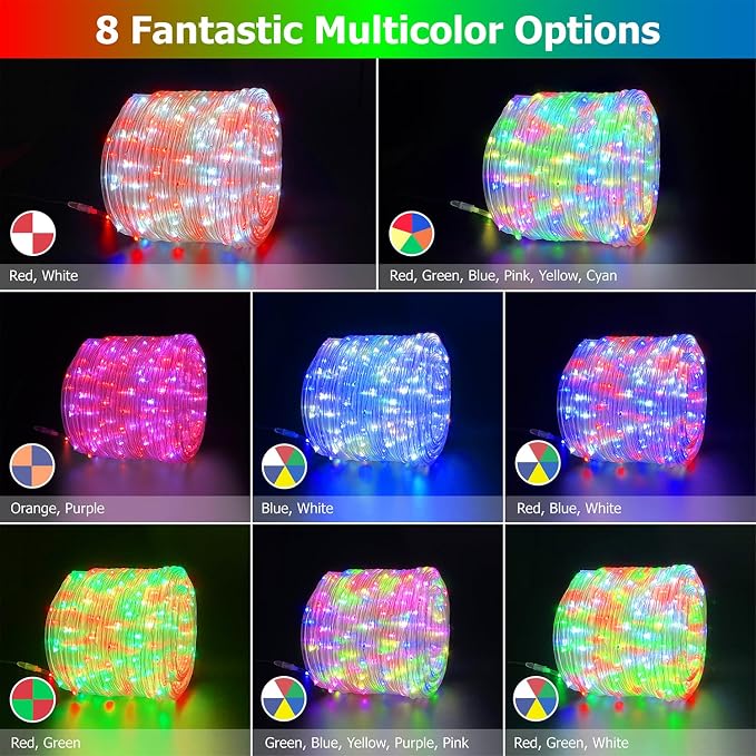 50ft LED Rope Lights for Outside, 25 Colors IP68 Waterproof, Dimmable Warm White RGB Outdoor String Lights, Red White Blue for Memorial Day Patriotic Decorations, Fairy Lights for Indoor Bedroom
