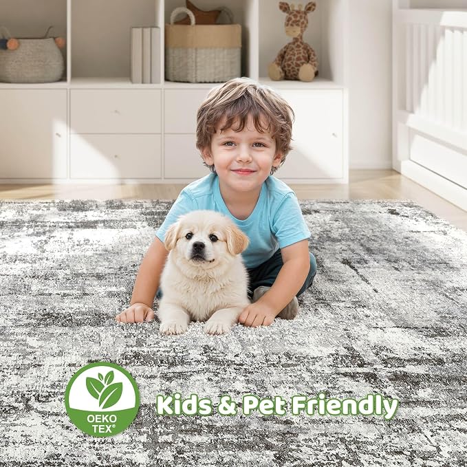 5x7 Area Rugs Living Room: Washable Large Abstract Neutral Modern Soft Gray Rug Stain Resistant Indoor Floor Non-Slip Accent Carpet for Bedroom Nursery Playroom Office Dining Room Home Decor