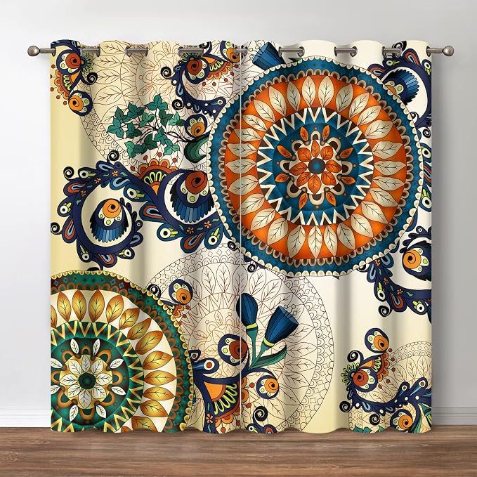 Jekeno Boho Flower Blackout Curtains - Bohemian Mandala Floral Flowers Print Pattern Grommet Darkening Drapes Decor for Bedroom Living Room Apartment Privacy Window Treatments 2 Panels Set, 42"x63"
