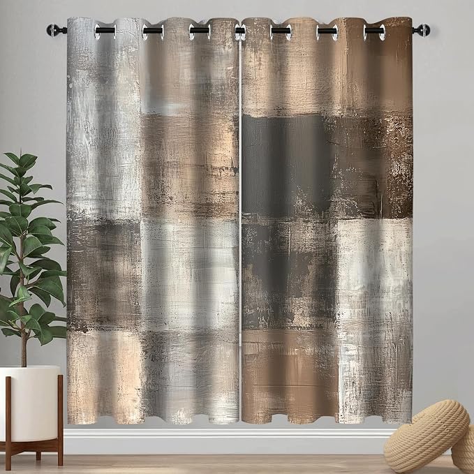 Brown Grey Abstract Blackout Curtain, Rustic Farmhouse Acrylic Aesthetic Unique Vintage Window Curtains Living Room Bedroom Decor Darkening Window Drapes Treatments, 2 Panels 52x96 Inch
