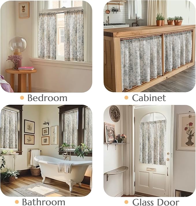 jinchan Floral Linen Tier Curtains 45 Inch Farmhouse Botanic Cafe Drapes for Small Windows Rustic Half Window Curtains for Kitchen Living Room Bathroom Laundry 2 Panels Grey on Beige
