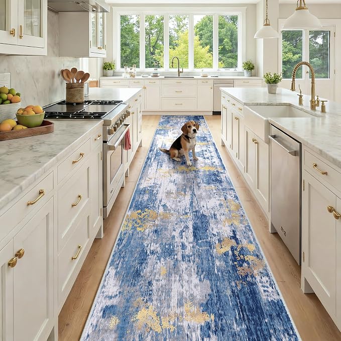 RELEANY Washable Area Rugs 2'6"x14 Non-Slip Modern Abstract Soft for Living Room Entryway Bedroom Kitchen, Print Pattern, Grey Blue Gold/Golden