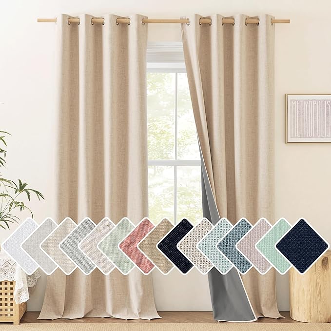 NICETOWN Farmhouse Style Keep Warm Large Window Draperies 108 inches Length with Thermal Insulated Liners, 2 Panels, 52" W, Full Blackout Cream Linen Curtains for Sliding Glass Door