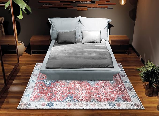 Bloom Rugs Washable Non-Slip 6' x 9' Rug - Red/Blue Traditional Area Rug for Living Room, Bedroom, Dining Room, and Kitchen - Exact Size: 6' x 9'
