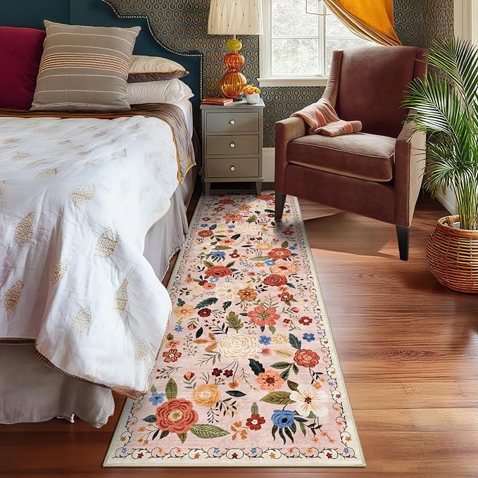 2x6 Machine Washable Runner Rug, Kitchen Hallway Area Rug Beige Pink Vintage Boho Floral Non-Slip Low Pile Soft Faux Wool Carpet Kids and Pets Friendly for Bedroom Entryway Nursery Home Decor Rug