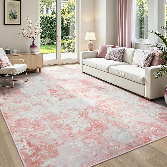 Rugflix 5x7 Area Rugs for Nursery Girls Room, Washable Large Rug Stain-Resistant Low Pile, Modern Non Slip Carpet for Kids Bedroom Living Room Home Office, Pink/White