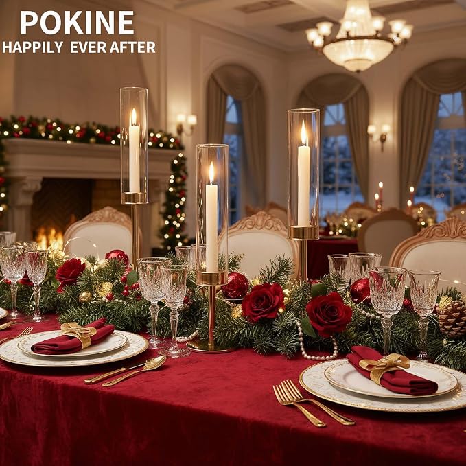 POKINE Gold Candle Holders Set of 3 for Glass Taper Candle Holders,Hurricane Candlestick Holder for Home Decor, Wedding, Dinning, Party Decorative, Anniversary (3,Gold)