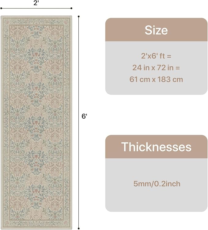 GENIMO 2x6 Washable Runner Rug, Non Slip Hallway Mat, Beige Pink | Vintage Boho Floral Low Pile Thin Mat for Entryway, Kitchen, Bedroom, Indoor Decor