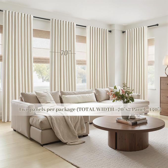 Cute Blackout Curtains 70 Inches Extra Wide Linen 84 Inch Length for Living Room/Sliding Glass Door,Pleated Heavy Duty Thermal Drapes for Winter Thick Large Window(70"Wx84"L 2 Panels Warm Cream)