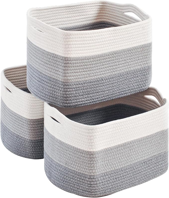 Storage Baskets for Organizing Shelves, Woven Cotton Rope Basket for Storage, Dog Toy Baskets Storage Kids, Book Bins for Living Room Bedroom, 14.8"×11"×9.5", Pack of 3, Gradient Grey