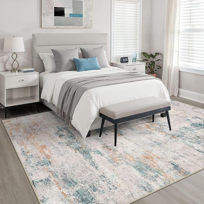 9x12 Area Rug Living Room: Washable Large Neutral Aqua Brown Rugs Abstract Soft Modern Stain Resistant Indoor Floor Non-Slip Carpet for Bedroom Nursery Kids Office Playroom Dining Room Under Table