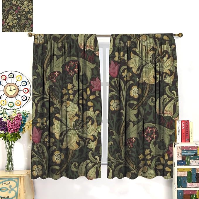 Vintage Flower Blackout Window Curtains, William Morris Style Art Floral Rustic Plant Wildflower Window Drapes, for Living Room Bedroom 21(W)*45(L) 2 Panels