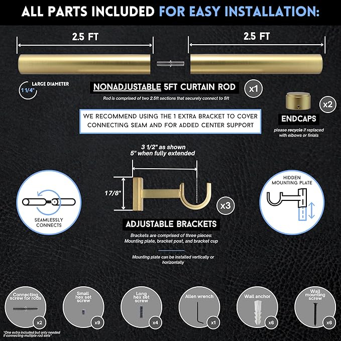 BlastHome® Non-Adjustable Luxury Curtain Rods for Windows, 1 ¼” Rod Set, 5 foot Fixed Length (Two Rods Connect for a Seamless Look), Brushed Gold