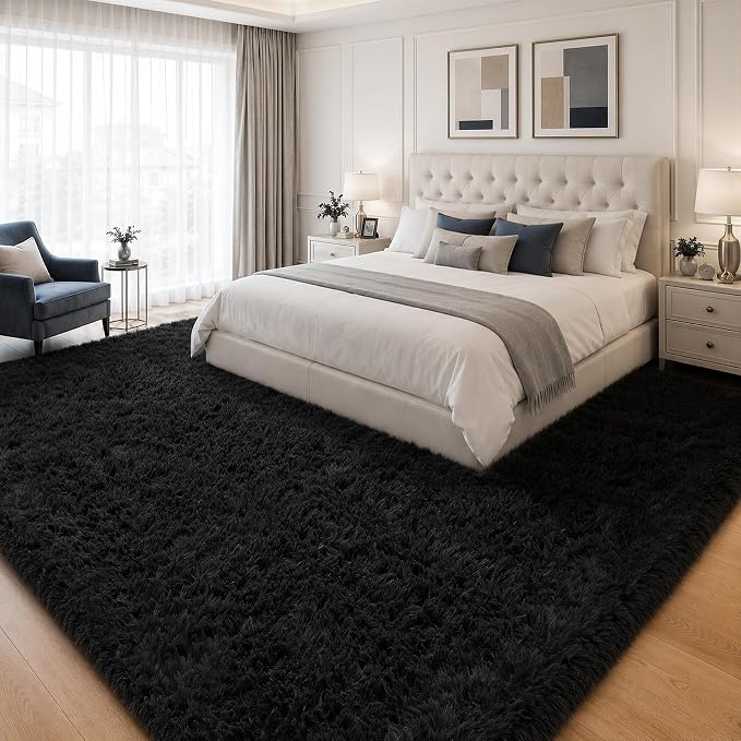 Area Rug for Living Room Bedroom: 6x9 Black Soft Fluffy Shag Upgrade Non-Slip High Pile Carpet Large Fuzzy Plush Indoor Floor Decor Shaggy Rug for Kid Boys Girls Dorms Playroom Nursery Modern Home
