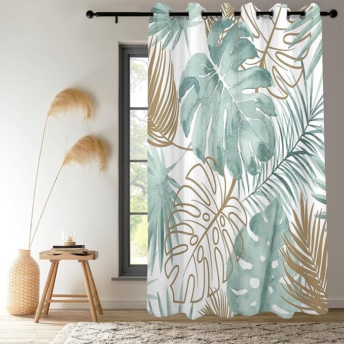 Renaiss Tropical Leaf Blackout Curtains, Green Palm Monstera Leaf Thermal Insulated Bedroom Window Curtains, Botanical Plants Window Curtains for Kitchen, 45" L x 29" W 2 Panel Set