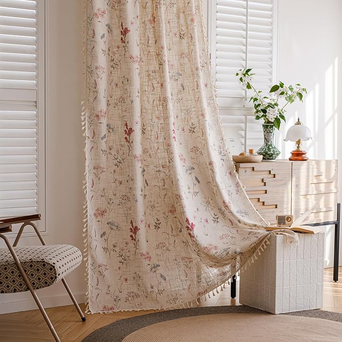 OYX Boho Floral Curtains 63 Inch Length 2 Panels, Linen Farmhouse Curtains Light Filtering Drapes with Tassels for Bedroom Living Room, Vintage Rustic Printed Rod Pocket