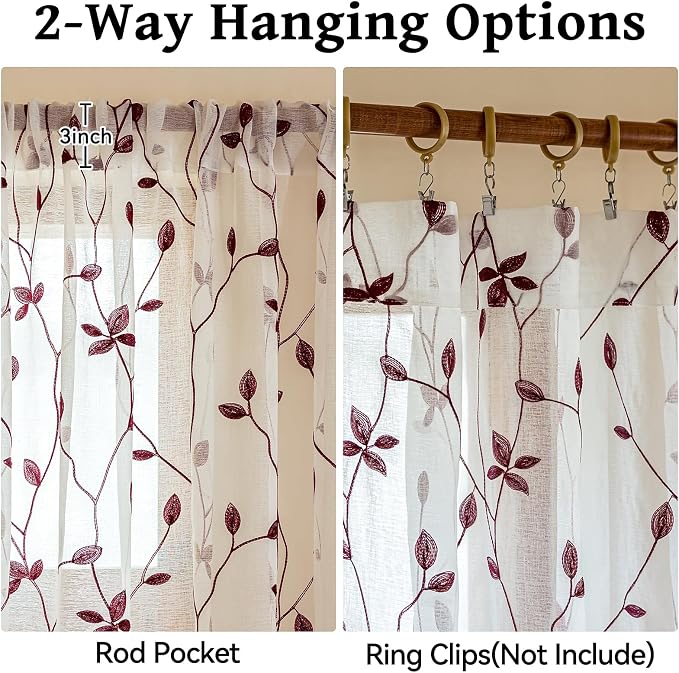 AmHoo 2 Panels Embroidered Leaf Pattern Semi Sheer Curtains Foliage Floral Voile Window Draperies Treatment for Bedroom Living Room Rod Pocket White Burgundy 53 x 95 Inch