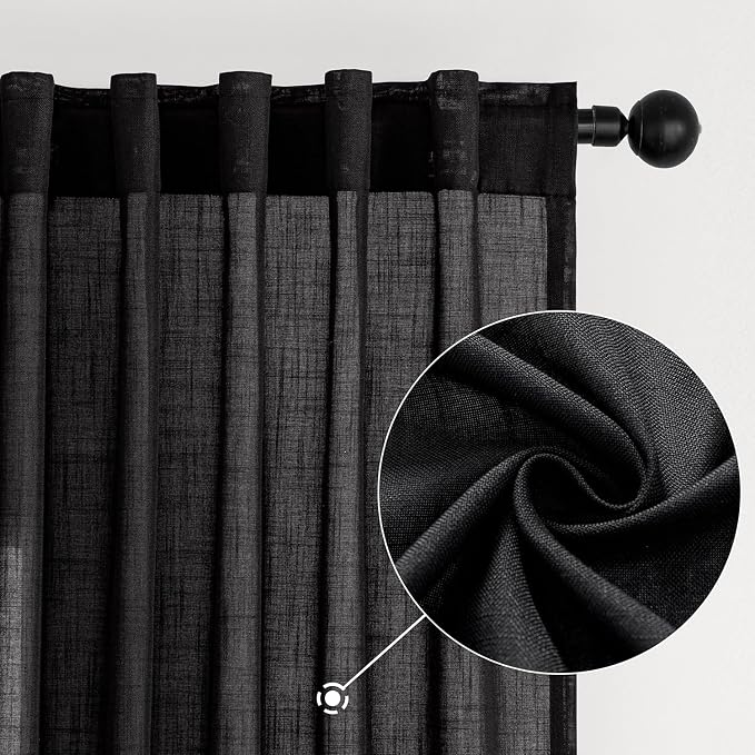 MIULEE Black Linen Curtains 90 Inch Length 2 Panels for Bedroom Living Room, Soft Thick Linen Textured Back Tab Window Drapes Semi Sheer Light Filtering Rod Pocket Modern Farmhouse Halloween Decor