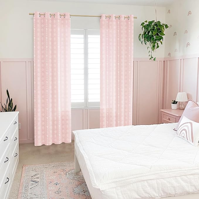 Lino Rosa Light Pink Cute Sheer Curtains for Girls Bedroom, Boho Baby Pink and White Nursery Curtains Girl, Pretty Pastel Floral Striped Pattern Linen Drapes for Girls Room, 2 Panels 84 Inches Long