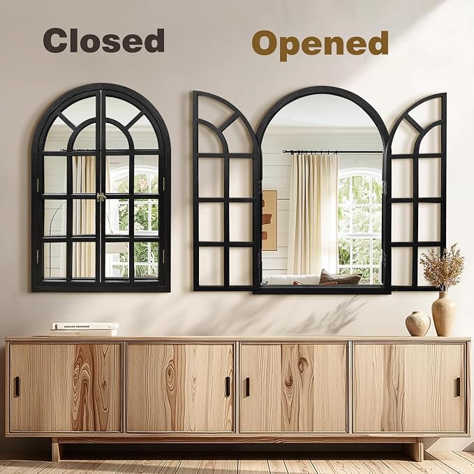 Arched Window Mirrors for Wall, Wooden Rustic Farmhouse Mirror for Wall Decor 24 x 36 Black, Decorative Wall Mirror Arch for Living Room, Bedroom, Bathroom, Fireplace, Farmhouse