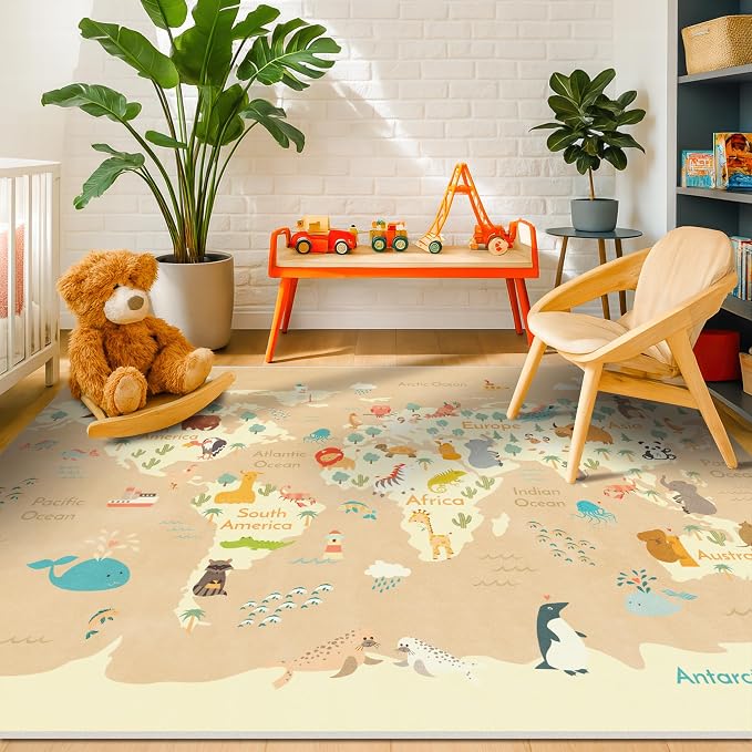 Hazo Haus Washable Kids Rug for Playroom – 5x7 Toddlers Room Play Rug, Educational World Map Area Rug with Cute Animals – Non-Slip, Stain Resistant, Soft & Safe, Nursery, Kids Room, Bedroom - Beige