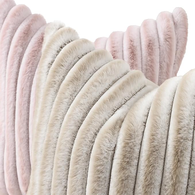decorUhome Fall Cozy Faux Fur Throw Pillow Covers 20x20 Set of 2 Decorative Soft Plush Striped Modern Farmhouse Boho Couch Pillow Cases with Velvet Back for Sofa Bed Living Room, Beige White