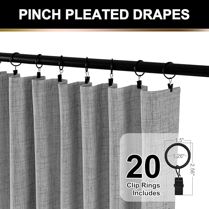 100% Blackout Shield Full Blackout Curtains for Bedroom 63 inch Length 2 Panels Set, Clip Rings/Rod Pocket Faux Linen Black Out Curtains for Living Room, Thermal Insulated, 50Wx63L, Grey
