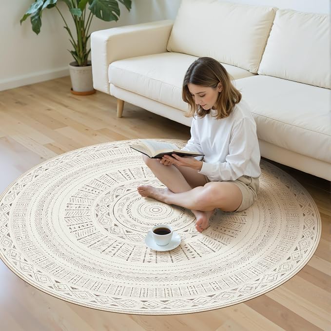 cotiled 5x5 Round Area Rugs Living Room Rug: Washable Boho Rugs with Non Slip Backing Large Soft Indoor Stain Resistant Carpet for Bedroom Farmhouse Dining Room Lightweight Home Decor L Brown/Cream