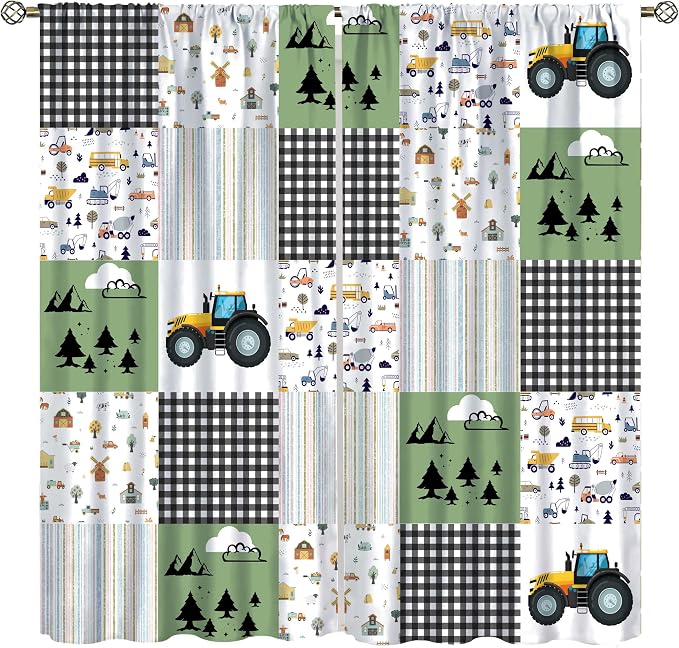 Cartoon Car Blackout Curtain,Kids Construction Truck Tractor Grid Stripes Farm Rustic Curtains Dining Room Living Room Kitchen Cafe Bedroom Office Nursery Drapes,63x63 in