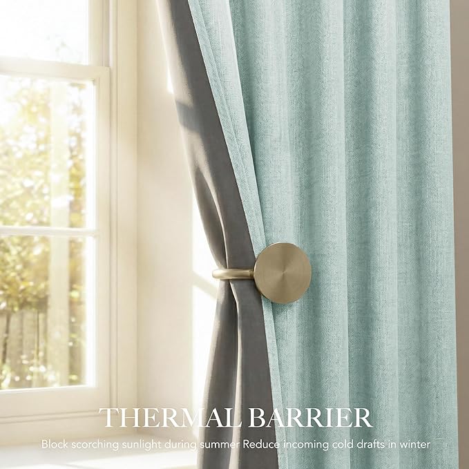 NICETOWN Seafoam Green Living Room Completely Shaded Linen Textured Draperies, 2 Pieces, W52 x L84, Privacy Protection & Noise Reducing Ring Top Drapes, White Lined Insulated Window Treatment Curtains
