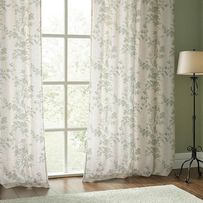 Sage Green Floral Curtains 84 Inch, Light Filtering Linen Texture Drapes 2 Panels, Farmhouse Vintage Curtains for Bedroom Living Room Rod Pocket