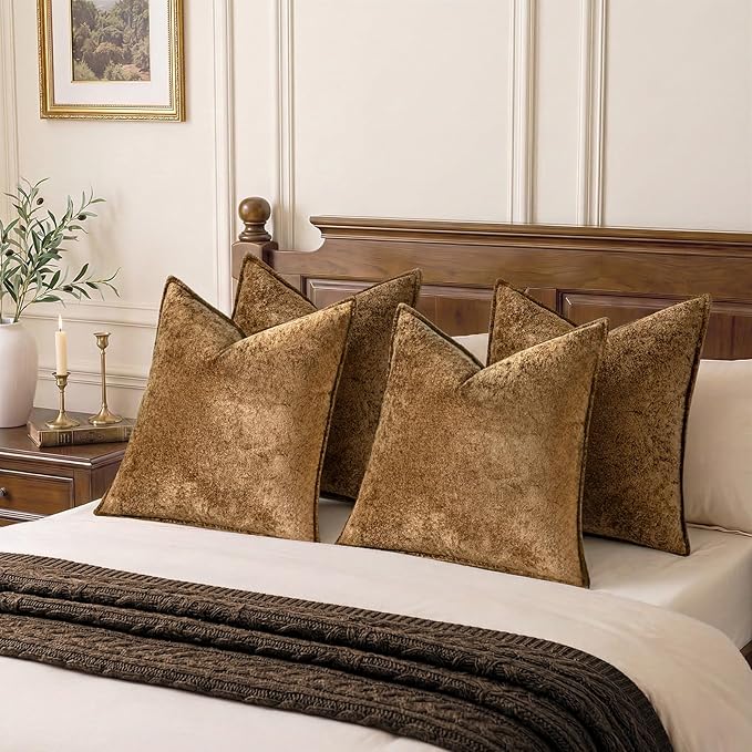 a moment Throw Pillow Covers 16X16 Inch 4 Packs,Soft Velvet Decorative Pillow Cases with 3D Ice Flower,Texture Modern Accent Cushion Covers for Sofa Couch Home Decor Golden Brown