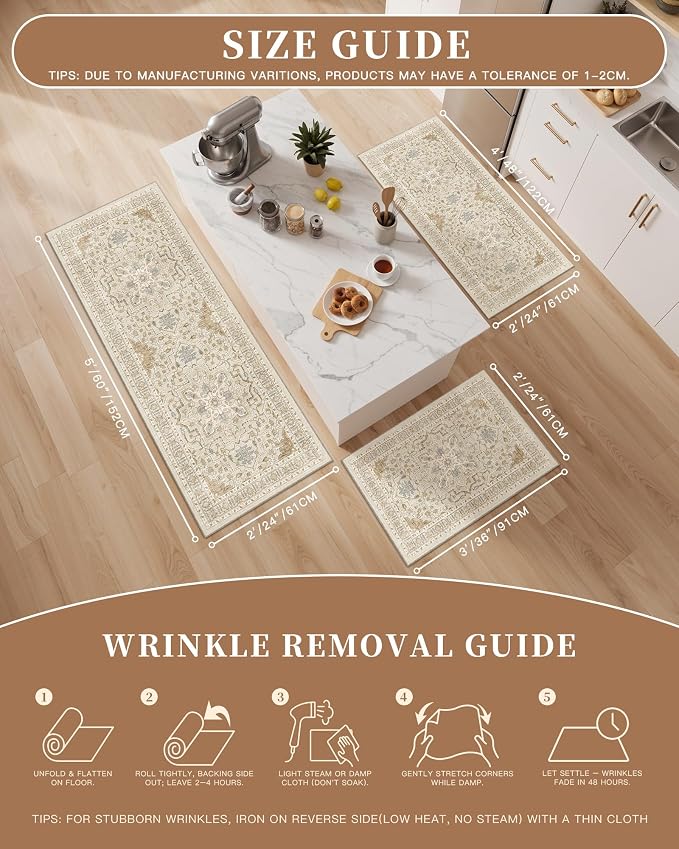 Madane 2-Piece Area Rugs Set, Small Kitchen Runner Non-Slip, Beige/Blue | Rug Runners Vintage Door Mat Indoor Entrance, Low Pile Floor Carpet for Inside Front Bedroom Entryway Entry Laundry 2x3+2x4