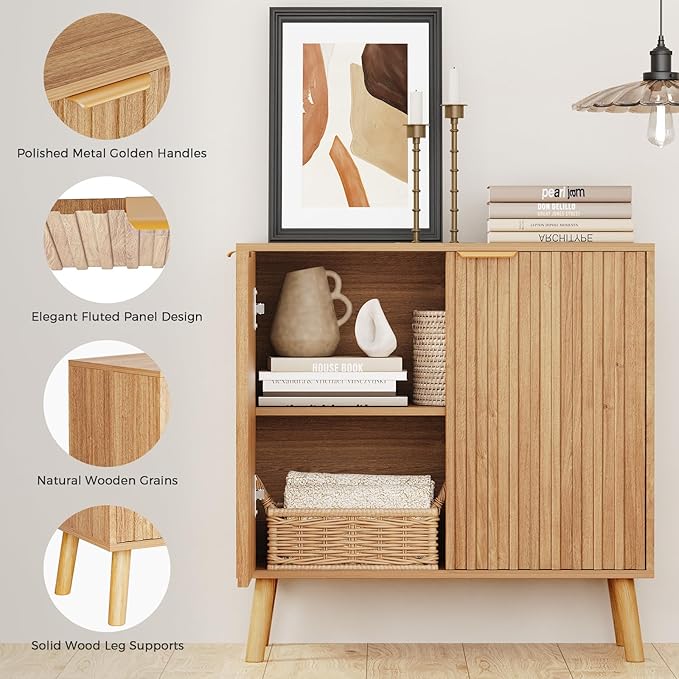 Set of 3 Fluted Storage Cabinet, Buffet Cabinet with Storage, Wood Sideboard with Adjustable Shelf, Modern Accent Cabinet & Console Table for Entryway, Living Room, Dining Room, Natural
