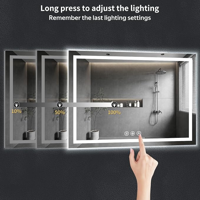 60"x40" LED Bathroom Mirror with Lights, Backlit + Front Lit with CRI>90, Lighted Mirror for Bathroom, Anti-Fog, Dimmable Brightness, 3 Colors, Memory Function, Shatterproof Tempered Glass