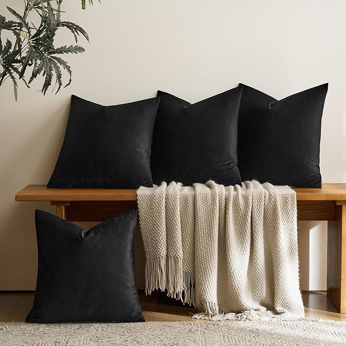 GIGIZAZA Black Velvet Pillow Covers - 18x18 Pack of 4 Decorative Throw Pillows Soft Couch Cushion Luxury Covers for Bed Living Room Accent Elegant Pillow Cases