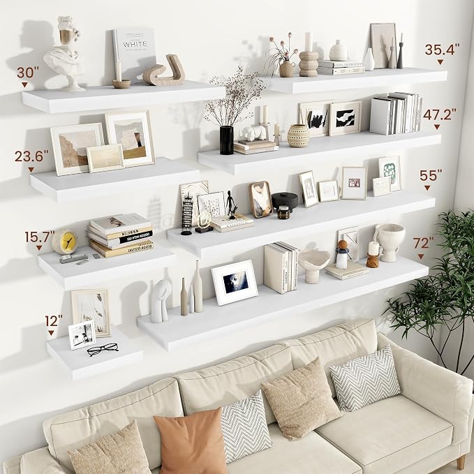 Vivelove 24/36/48/16 Inch Floating Shelves for Wall, 12 Deep Shelves for Room Wall Mounted, 2" Thick Floating Shelf for Living Room Bedroom Bathroom Kitchen Laundry Room, Set of 2 White