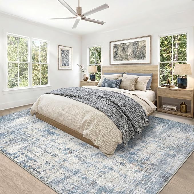 10x12 Area Rugs Washable Living Room Rug-No Slip Soft Carpets Modern Abstract Coastal Indoor Floor Stain Resistant Large Carpet for Bedroom Dining Room Farmhouse Nursery Home Office Blue