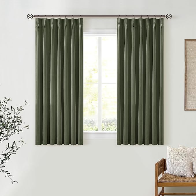 Olive Green Linen Blackout Curtains 45 Inch Length 2 Panels Pinch Pleated Back Tab Short Curtains for Kitchen with 100% Blackout Liner Neutral Farmhouse Drapes for Basement Thermal Insulated Drape