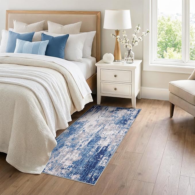 RELEANY Washable Area Rugs 3x6 Non-Slip Modern Abstract Soft for Living Room Entryway Bedroom Kitchen, Print Pattern, Blue Grey Navy Gray
