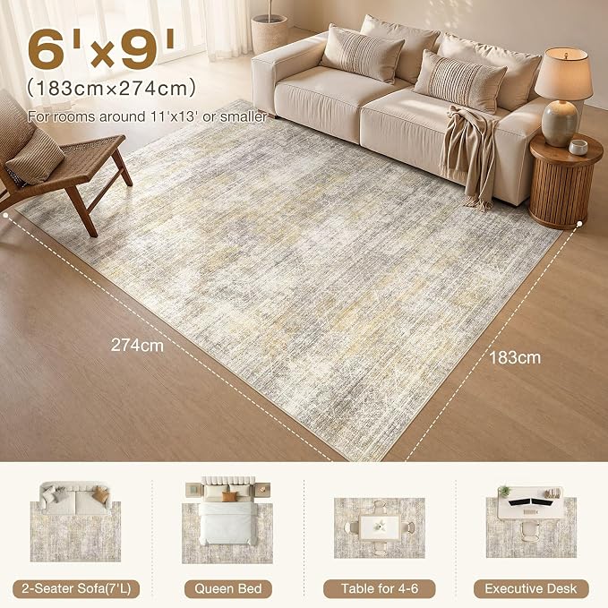 cotiled Washable Area Rugs 6x9 Living Room | Non Slip Backing, Stain Resistant, Pet Friendly, Large Neutral Soft Indoor Carpet For Bedroom, Nursery, Office, Gold/Brown