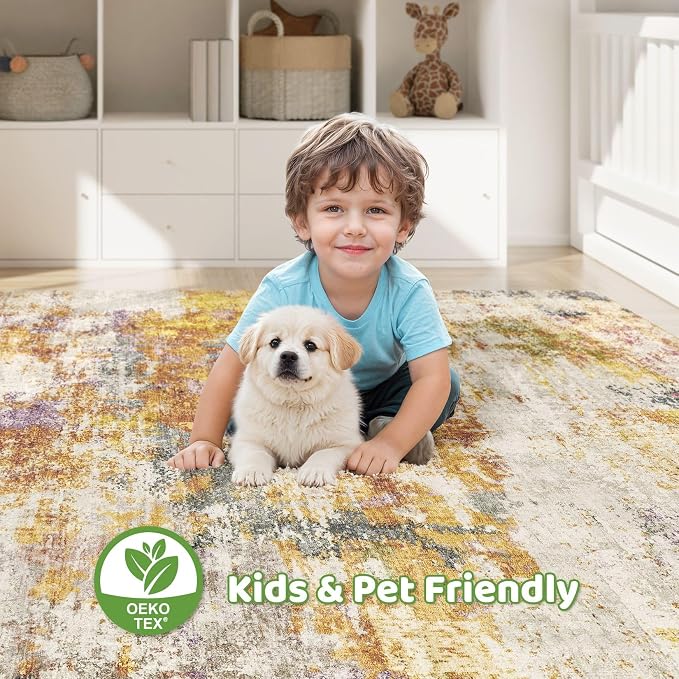 12x18 Area Rugs Living Room: Washable Large Abstract Modern Soft Stain Resistant Indoor Floor Rugs Non-Slip Accent Carpet for Bedroom Nursery Playroom Office Dining Room Dorm Home House- Gold Colorful