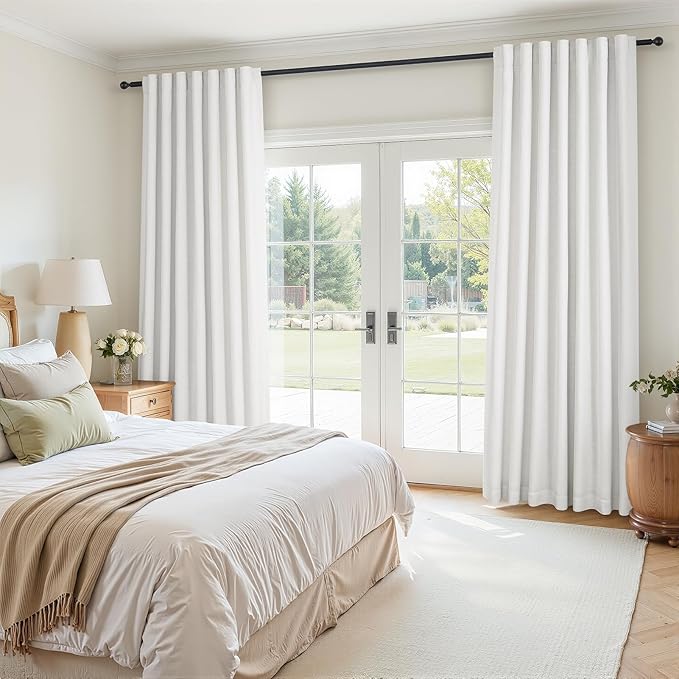 Topfinel 108 Inch Extra Long 100% Blackout Linen Curtains with Rod Pocket & Back Tab, Beige White Floor to Ceiling Drapes for Villa Bedroom Livingroom Boho Elevated Decor Beige White 52" W*108" L