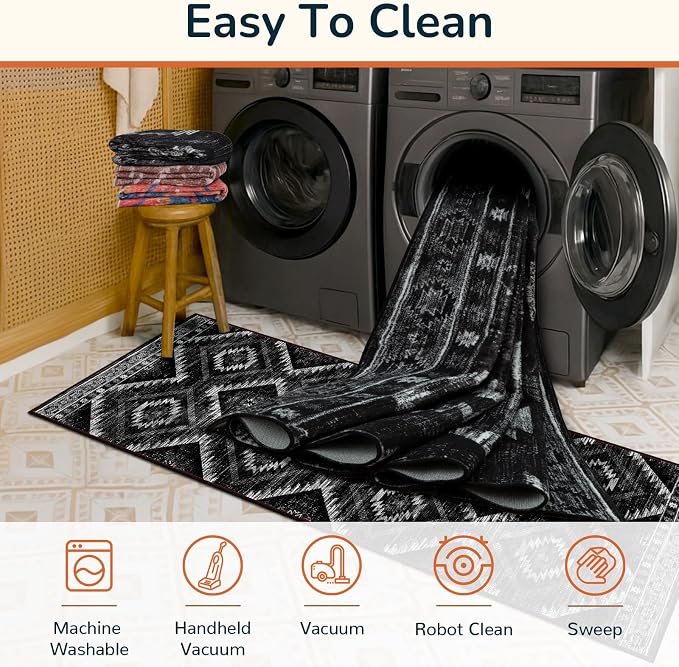BESTSWEETIE Area Rug 9x12 Rug Machine Washable Non-Slip Low Pile Print Pattern Western Rug for Living Room Bedroom Entryway Tribal Series -Black