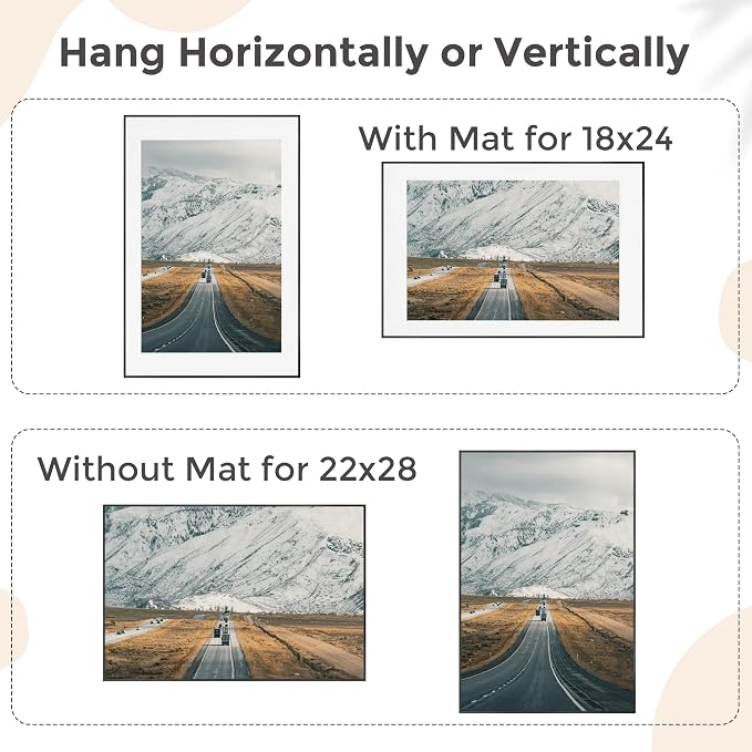 Flyjoe 22x28 Metal Picture Frame For Wall With Mat For 18x24, 22''x28'' Aluminum Photo Frames With Tempered Glass For Home Decor, Minimalist Modern Poster Frame Horizontally Vertically Set of 2, Black