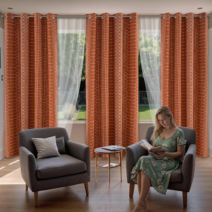 ColorBird 100% Blackout Boho Heat Sun Blocking Curtains & Drapes for Bedroom Living Room Floor to Ceiling 96 Inches Burnt Orange Patterned Decorative Thermal Curtains Dining Rustic Western Room Decor